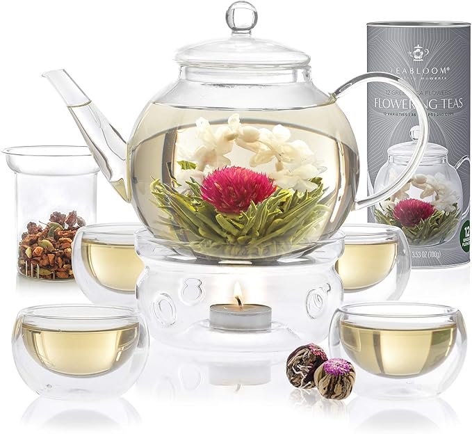 Teabloom Complete Glass Tea Set – Teapot, Loose Tea Infuser, 4 Insulated Teacups by Teabloom