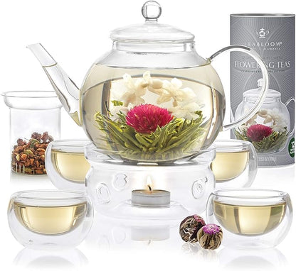 Teabloom Complete Glass Tea Set – Teapot, Loose Tea Infuser, 4 Insulated Teacups by Teabloom