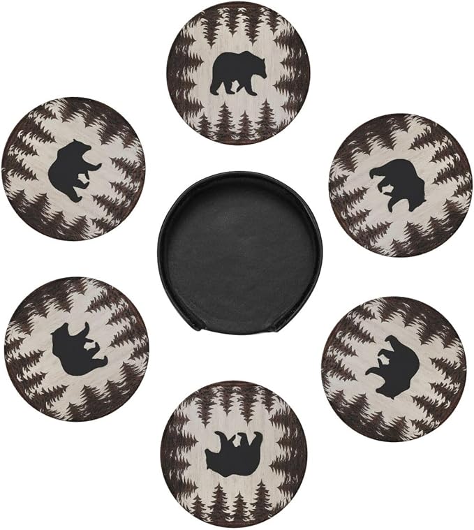 6 Pcs Bear and Pines Leather Coasters - Image 7