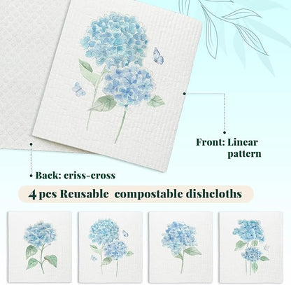 Spring Floral Swedish Dishcloths for Kitchen, Swedish Dish Cleaning Cloths for Hydrangea, Papaya Reusable Paper Towels, 4 Pack Dish Towels for Kitchen, Reusable Paper Dishcloths Washable