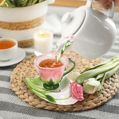 Cididu Pink Tea Cups with Saucer and Spoon, 4.5 Oz Small Ceramic Rose Flower - Image 6