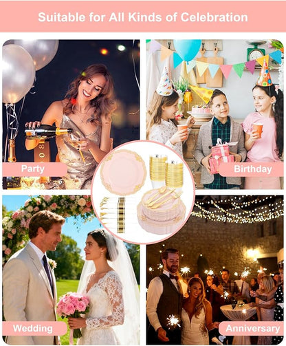 Ciaell 350 PCS Pink Plastic Plates - Pink and Gold Disposable Plates Include 50 Disposable Plate, 150 Heavy Duty Silverware, 50 Cups, 50 Napkins for Wedding & Party & Anniversary & Valentine's Day