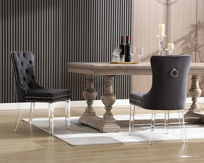 KCC Velvet Dining Chairs Set of 2, Upholstered Tufted Wingback Dining Room Chair with Nailhead Back Ring Pull Trim Solid Acrylic Legs, Contemporary Nikki Collection Style for Kitchen, Grey