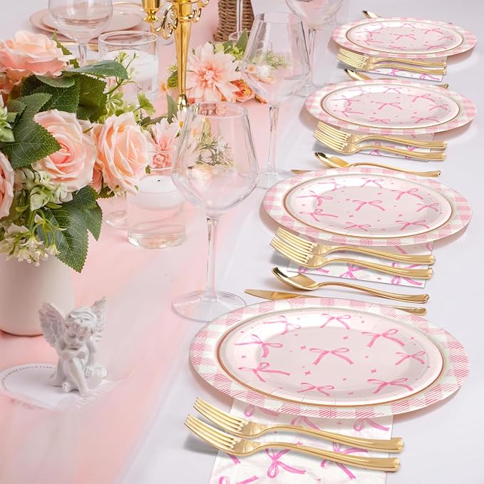 180Pcs Pink Bow Party Supplies Paper Plates and Napkins Serve 60 | Disposable - Image 7
