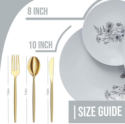 Trendables Fancy Plastic Dinnerware Sets 200 Pc 40 Guests Gold Silverware Disposable 40 X 10 Inch Charger Plates 40 X 8 Inch Dessert Plates 40 x Gold Plastic Forks and Spoons Knives In Dandelion Bloom