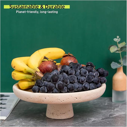 Natural Travertine Fruit Bowl 10.2" – Large Decorative Bowl & Travertine Decor Pedestal for Kitchen Counter & Dining Table ,For Entryway, Kitchen Fruit Bowl, Potpourri, Dining Table Centerpiece.