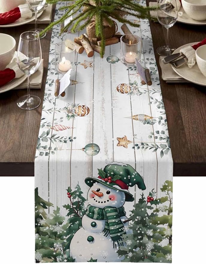 Christmas Snowman Table Runner 90 Inches Long, Xmas Trees Eucalyptus Leaves by Unknown