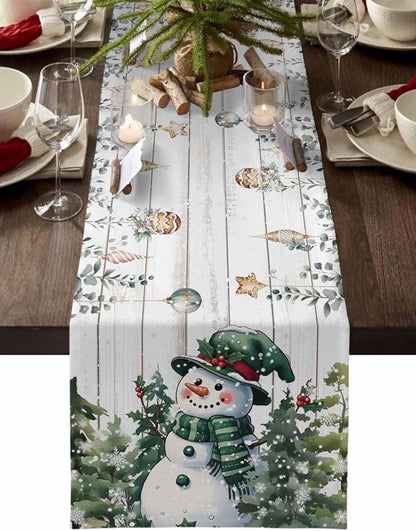 Christmas Snowman Table Runner 48 Inches Long, Xmas Trees Eucalyptus Leaves by Unknown