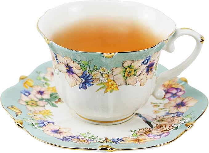TATSUMI Country Roses Bone China Tea Cup and Saucer Set, 6 Pieces, Vintage Style - Image 2