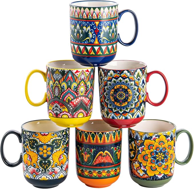 Henten Home Ceamic Coffee Mug Set of 6, 14 oz Colorful Latte Cup by HentenHome