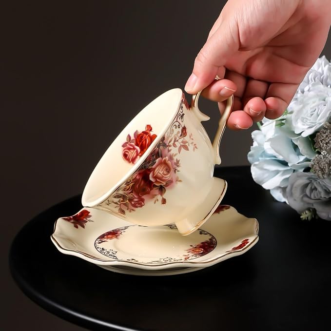8 oz Vintage flower Ceramic cup and 6" saucer set - Image 7