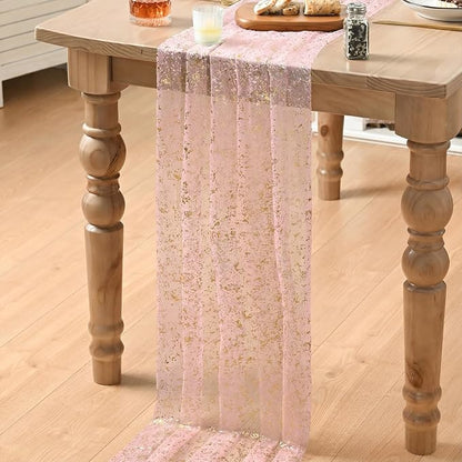 Artoid Mode Gold Gauze Pink Table Runner 120 Inch 10FT, Glitter Metallic Foil Sheer Dining Wedding Anniversary Holiday Birthday Table Decor for Home Party