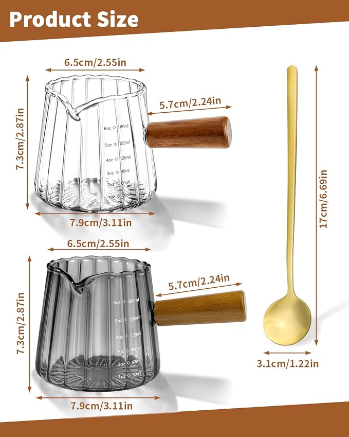 2 Pack Espresso Measuring Cups & 2 Spoons, 6oz Gray & Clear Borosilicate Glass - Image 2