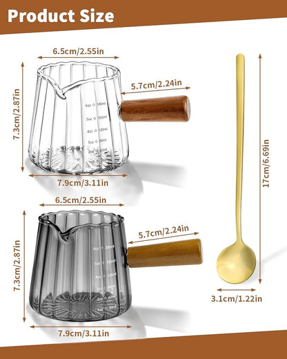 2 Pack Espresso Measuring Cups & 2 Spoons, 6oz Gray & Clear Borosilicate Glass - Image 2