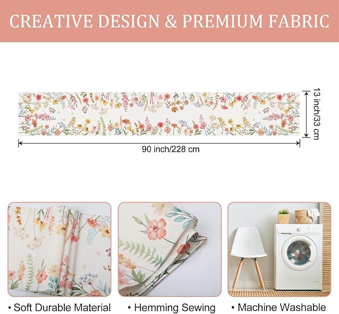 Bonhause Spring Floral Table Runner 13x90 Inch Pink Flowers Green Leaves - Image 6