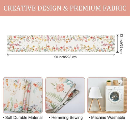 Bonhause Spring Floral Table Runner 13x90 Inch Pink Flowers Green Leaves - Image 6