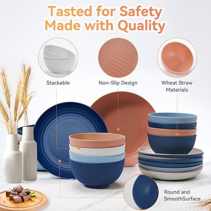 Wheat Straw Dinnerware Sets, 64-Piece Plates and Bowls Sets - Image 6