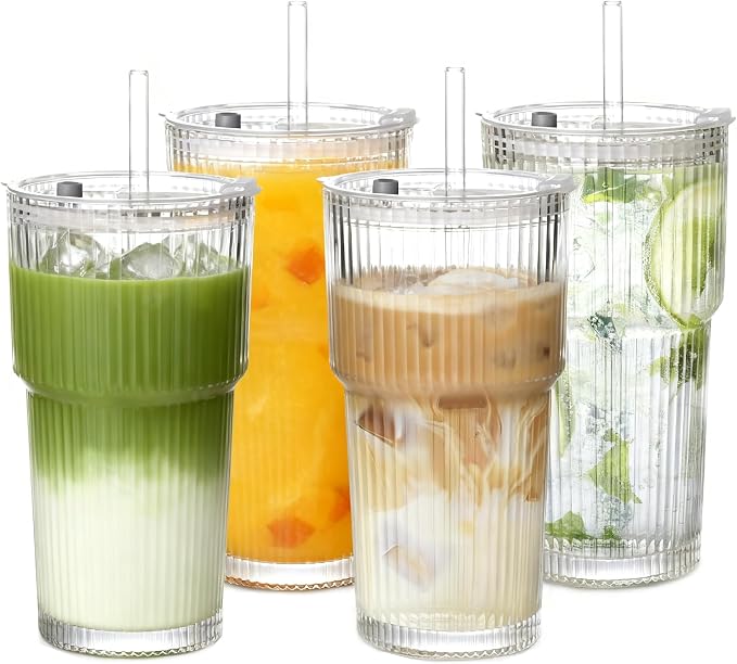 20oz Ribbed Glass Cups with Lids and Straws, Glass Tumblers with Lids and Straws by AUFXKOO