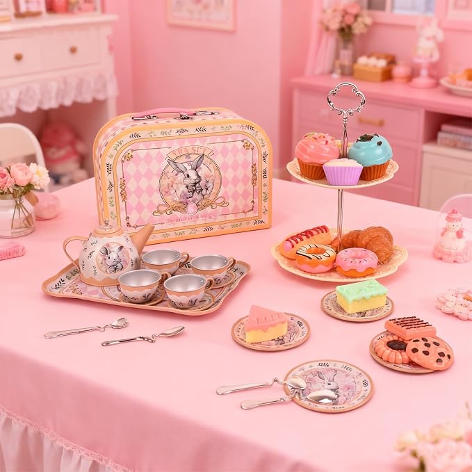 Tea Party Set for Girl, Tea Time Toys Including Tea Set Dessert Carrying Case - Image 4
