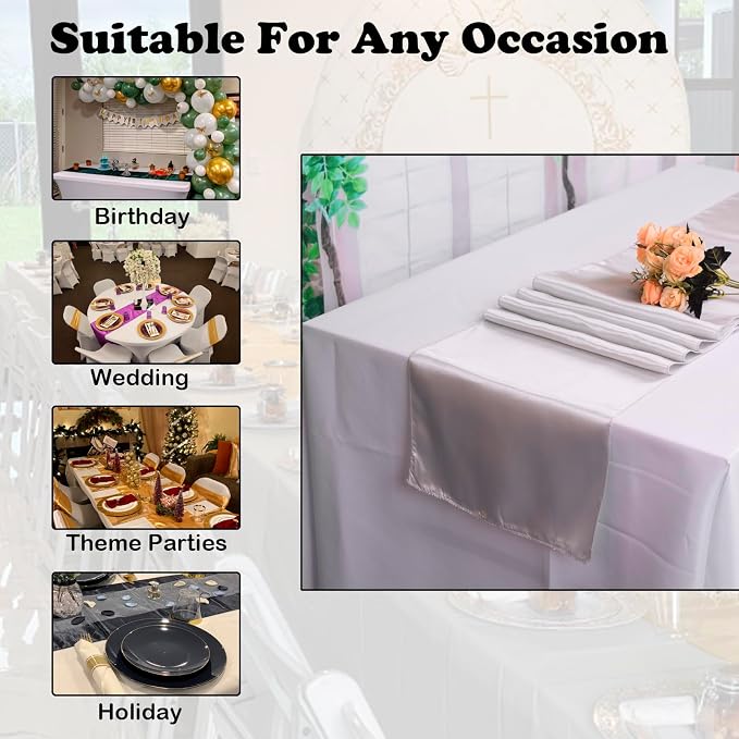 10 Pcs Silver Satin Table Runner 12 x 108 inches Long, Smooth Table Runner | - Image 6