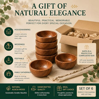 Acacia Wood Bowls: Handcrafted, 6 Bowls of 3.75-inch, 0.25 liters Capacity Each - Image 7