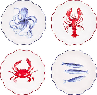 Bico Ocean Wonders Scalloped Salad Plates Set of 4, 8.75 Inch Ceramic Dessert Plates for Salad, Appetizer, Side Dishes, Microwave and Dishwasher Safe, Gift for Housewarming and Christmas