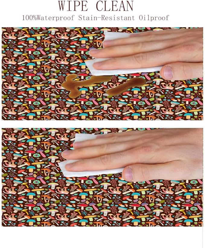 Small Round Tablecloth, Mushrooms Washable Polyester Table Cloth for, Attractive Various Cartoon Leaves and Mushrooms Graphic, Fit Round Tables 32inch Diameter, for Xmas/Parties/Home, Brown