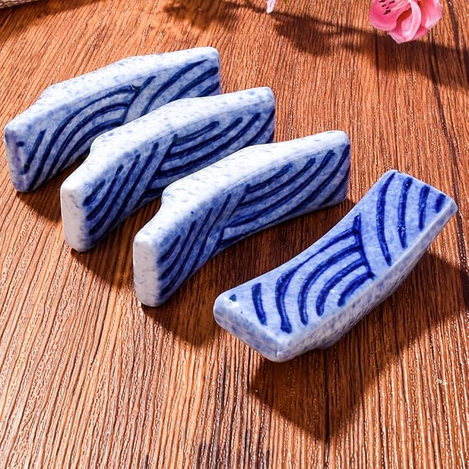Porcelain Chopstick Holder Set of 4, 2.8" Wave Motif Spoon Fork Stands | - Image 2