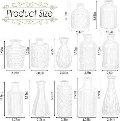 White Glass Bud Vases Set of 12, Small Vases for Flowers, Mini Flower Vases in Bulk for Wedding Decoration, Vintage Vase for Baby Shower Centerpieces, Home Décor