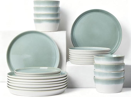 Dinnerware Sets for 8, Ceramic Plates and Bowls Set, Modern Artisan Dish Set, Microwave & Dishwasher Safe Dishware Set, Chip & Scratch Resistant Dinner Sets, Gradient Green