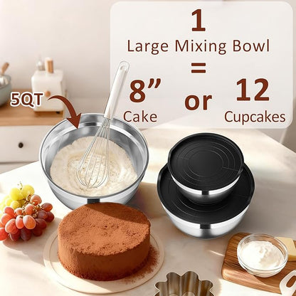 9 Pack Mixing Bowls with Airtight Lids Set, Stainless Steel Mixing Bowls with Grater Attachments, Nesting Kitchen Bowl Set with Non-Silp Bases, Size 5, 4, 3, 2, 1.5,1QT, Black