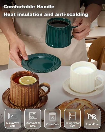 Ceramic Cup and Saucer Set, 11.5 oz Coffee Cups - Image 3