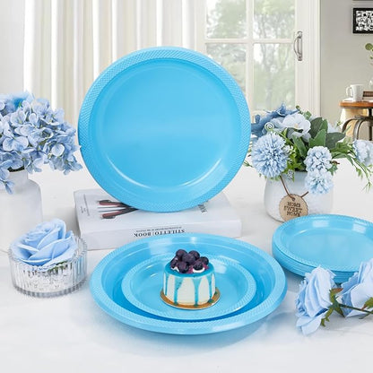 WELLIFE Light Blue Party Plates 7 Inch -150 Count, Disposable Plastic Baby Blue Dessert Plates for Party Cake Appetizer Salad Baby Shower