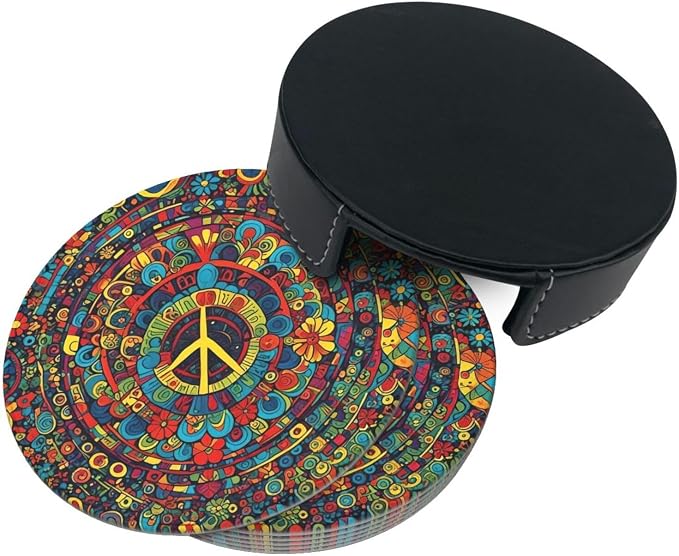 Drink Coasters with Holder Stand Set of 6, Hippies Peace Pu Leather Absorbent - Image 7