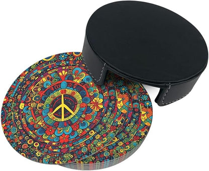 Drink Coasters with Holder Stand Set of 6, Hippies Peace Pu Leather Absorbent - Image 7
