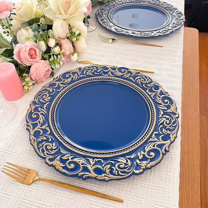 Antique Charger Plates with Gold Rim, 13 Inch Royal Blue Dinner Plate Chargers - Image 2