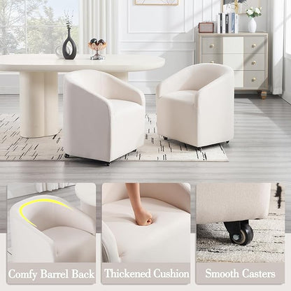 Modern Barrel Dining Chairs with Rolling Casters Set of 4, Upholstered Linen Swivel Dining Room Chairs with Wheels for Kitchen Living Room Home Office, Beige
