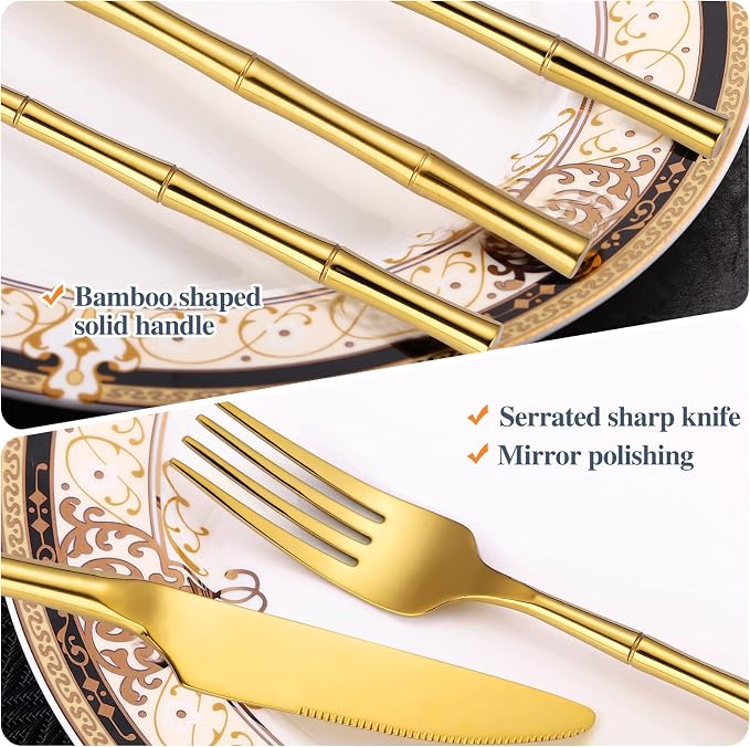 Bamboo Flatware Set Gold Silverware Set Stainless Steel Cutlery Set 20 Pieces - Image 4