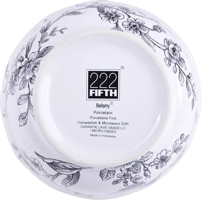 222 Fifth 12-Piece Porcelain Dinnerware Set for 4, White & Black Plates and Bowls Set, Glossy Ceramic Dish Set with Delicate Floral Design, Elegant Kitchen Dishes, Microwave & Dishwasher Safe, Bellamy