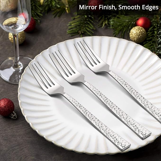E-far Stainless Steel Dinner Forks Set of 12, Hammered Square Handle | 7.9Inch - Image 3