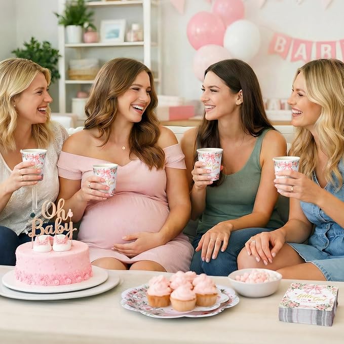 250 Pcs a Sweet Little Girl Is on The Way Baby Shower Plates Napkins | Pink Bow - Image 6
