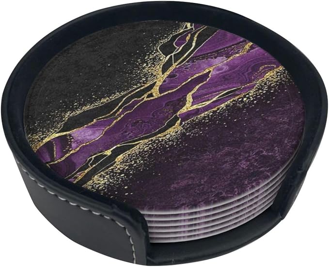 6 Pcs Abstract Black and Purple Marble Leather Coasters - Image 2