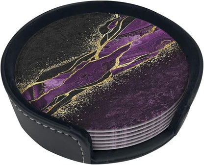 6 Pcs Abstract Black and Purple Marble Leather Coasters - Image 2