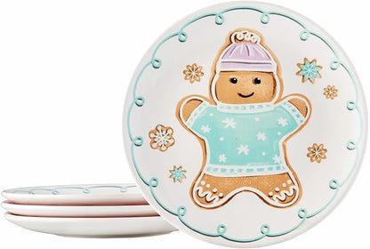 Bico Pastel Gingerbread Man Salad Plates Set of 4, 8.75 Inch Ceramic Dessert Plates for Salad, Appetizer, Side Dishes, Microwave and Dishwasher Safe, Gift for Housewarming and Christmas
