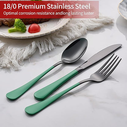 20-Piece Green Silverware Set 18/0 Stainless Steel Silverware Set Green Handle Cutlery Black Set Service for 4 Dinner Knives Forks Spoons Set Flatware SetFinish Dishwasher Safe