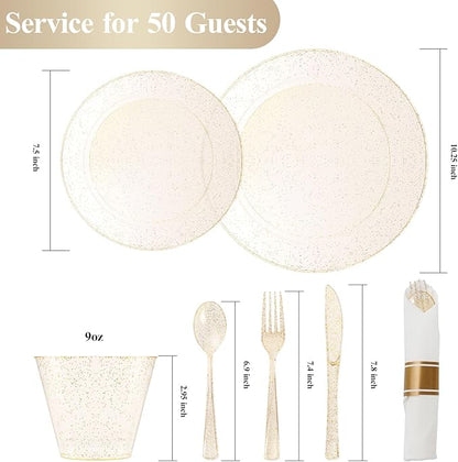 350 PCS Transparent Base With Pink Tint Plastic Dinnerware Set for 50 Guests, 100 Plates for Party, 50 Pre Rolled Napkins with Gold Silverware, 50 Cups