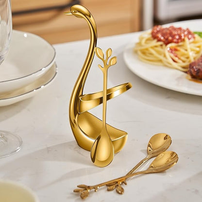 AnSaw Gold Swan Base With 10-Pcs Mini Leaf Coffee Spoon Holder Set - Image 7