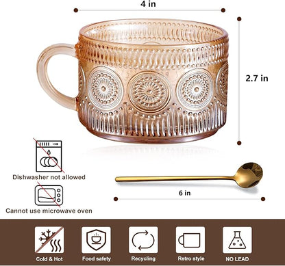 Vintage Glass Coffee Mugs Set of 2 Amber, Embossed Tea Cups - Image 2