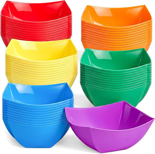 Tanlade 50 Pcs Square Plastic Serving Bowls Disposable Snack Salad Bowl Small Party Candy Bar Containers Taco Bar Serving Dishes for Buffet Chips Fruit (8 oz,Rainbow Colors)