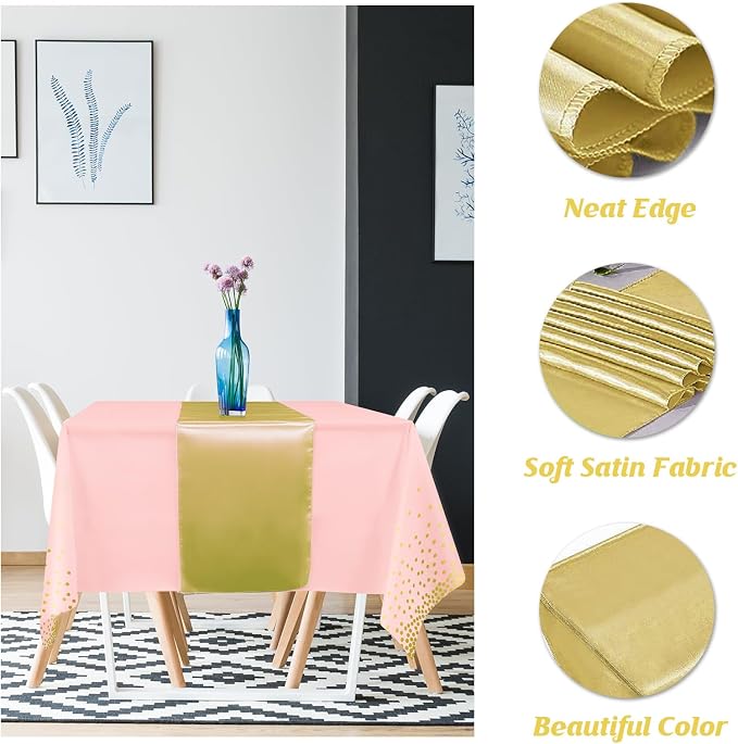 16Pack Disposable Plastic Tablecloths and Satin Table Runner Set Pink and Gold - Image 3